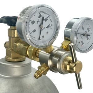 Close-up of pressure gauges and valves on a gas cylinder.