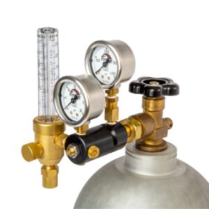 A gas cylinder with pressure gauges and flow meter attached.