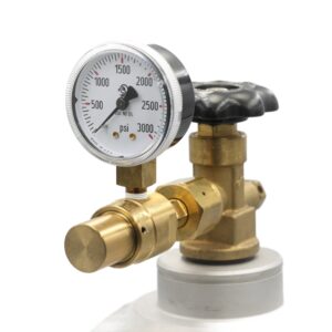 Brass pressure regulator with a gauge and control valve.