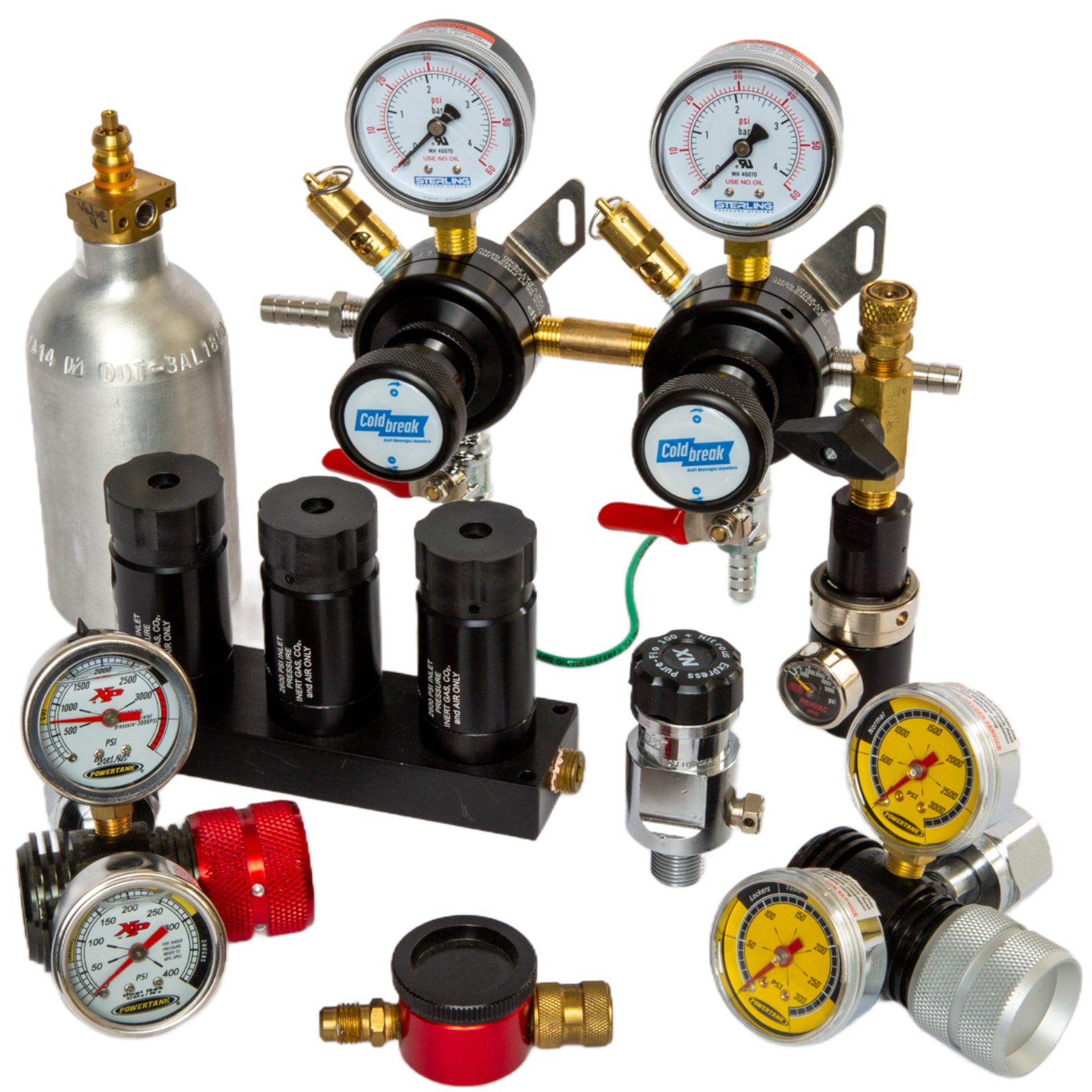 Various gas regulators and pressure gauges grouped together.